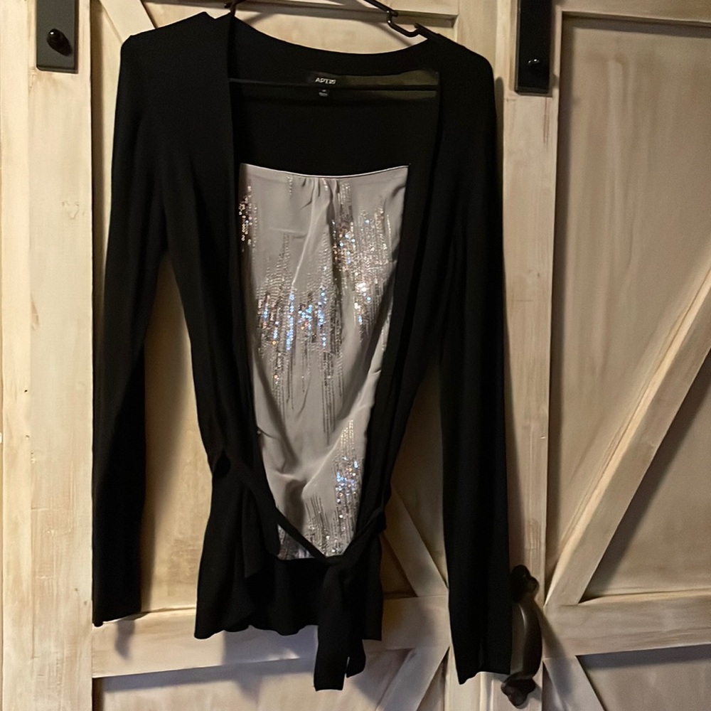 Cardigan with Built-in Tank, Black with gray cami, silver sequins
